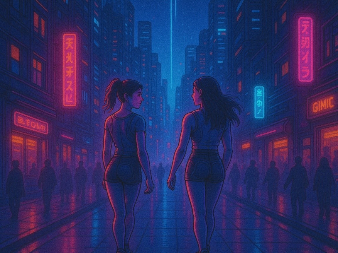 Neon-Lit Urban Scene with Two Women Walking
