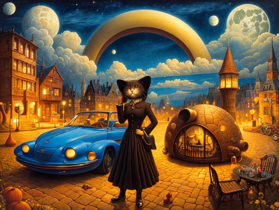 Whimsical Town Scene with Cat-Human Hybrid and Moons
