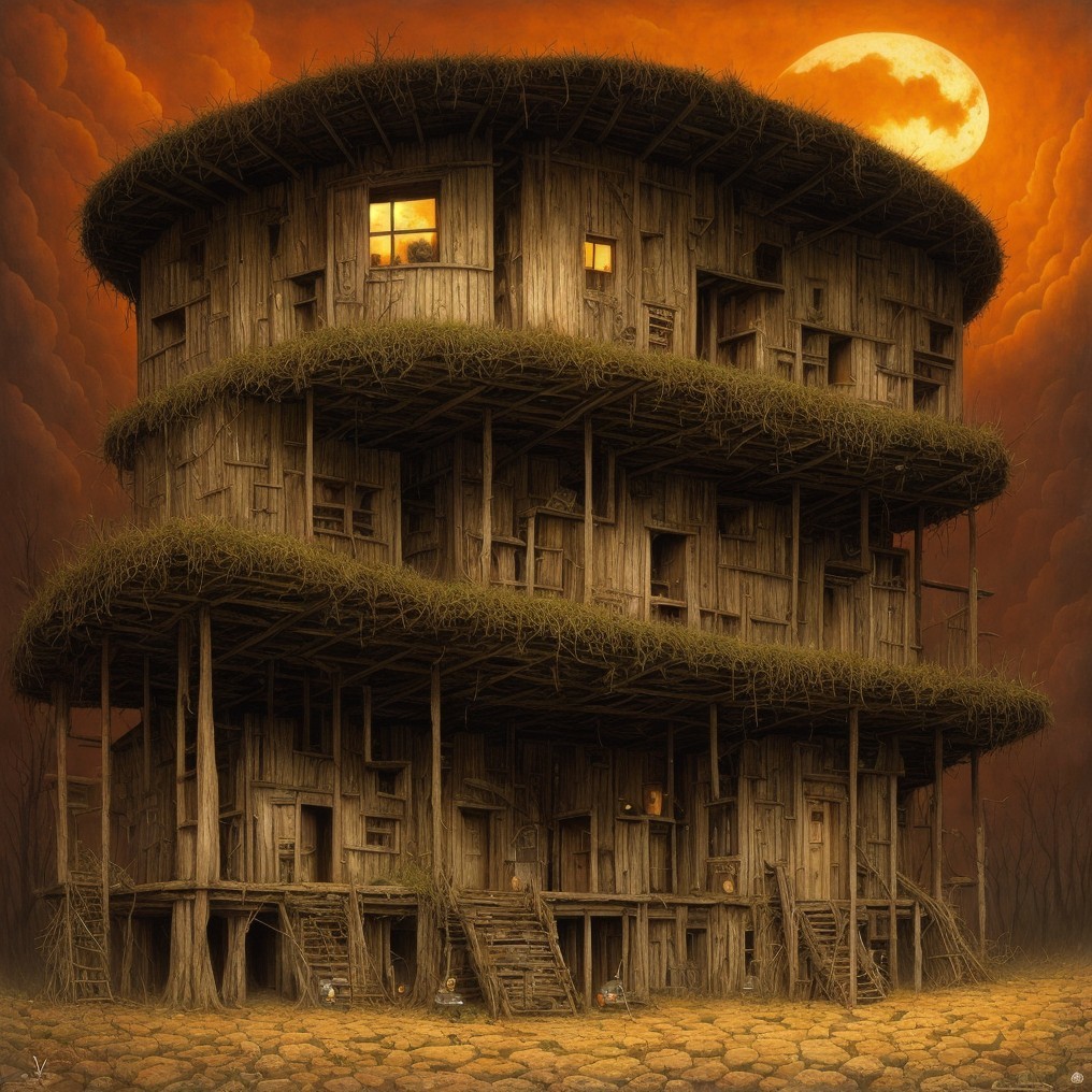 Three-Story Wooden Structure on Stilts Under Moonlight