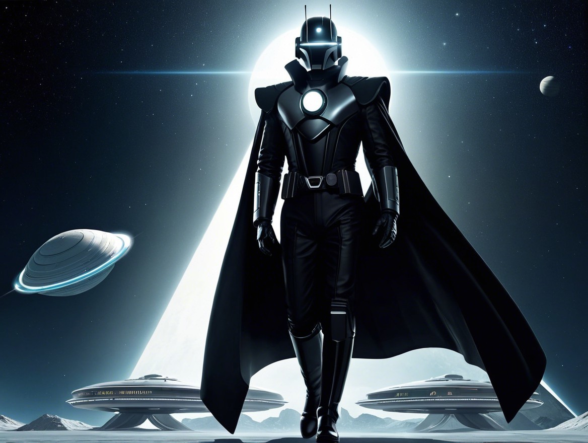 Futuristic figure in dark costume against cosmic backdrop