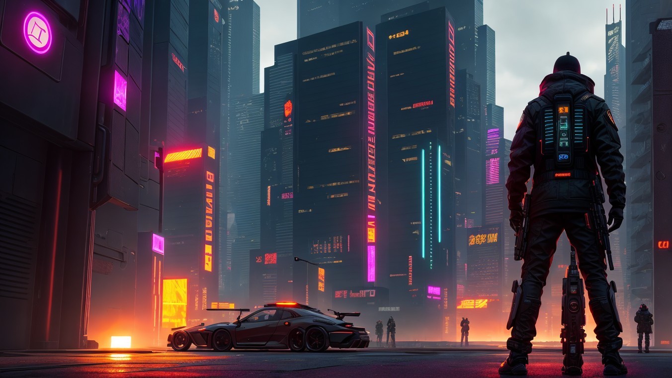 Futuristic cityscape with neon lights and skyscrapers