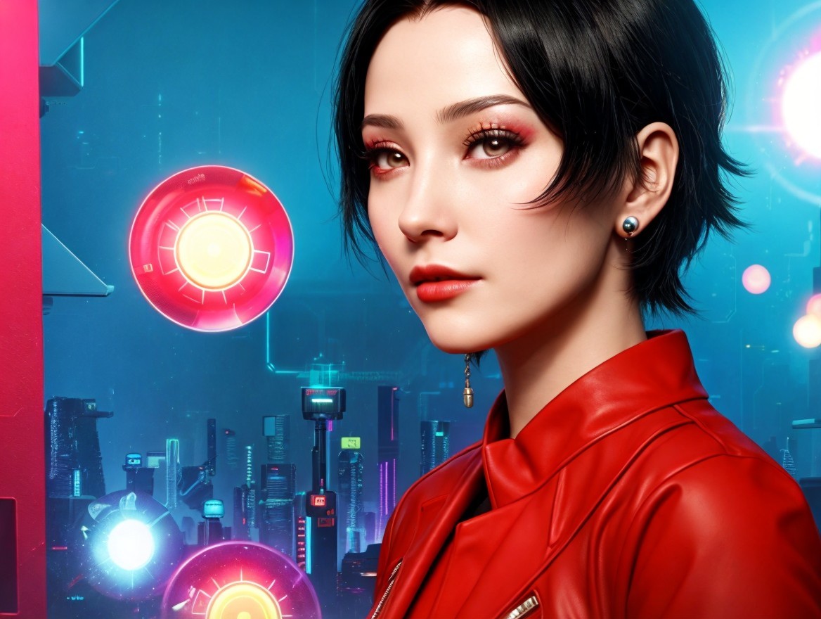 Woman in Red Jacket Against Futuristic Backdrop