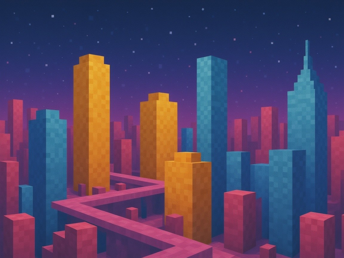 Vibrant Pixelated Cityscape at Twilight with Skyscrapers