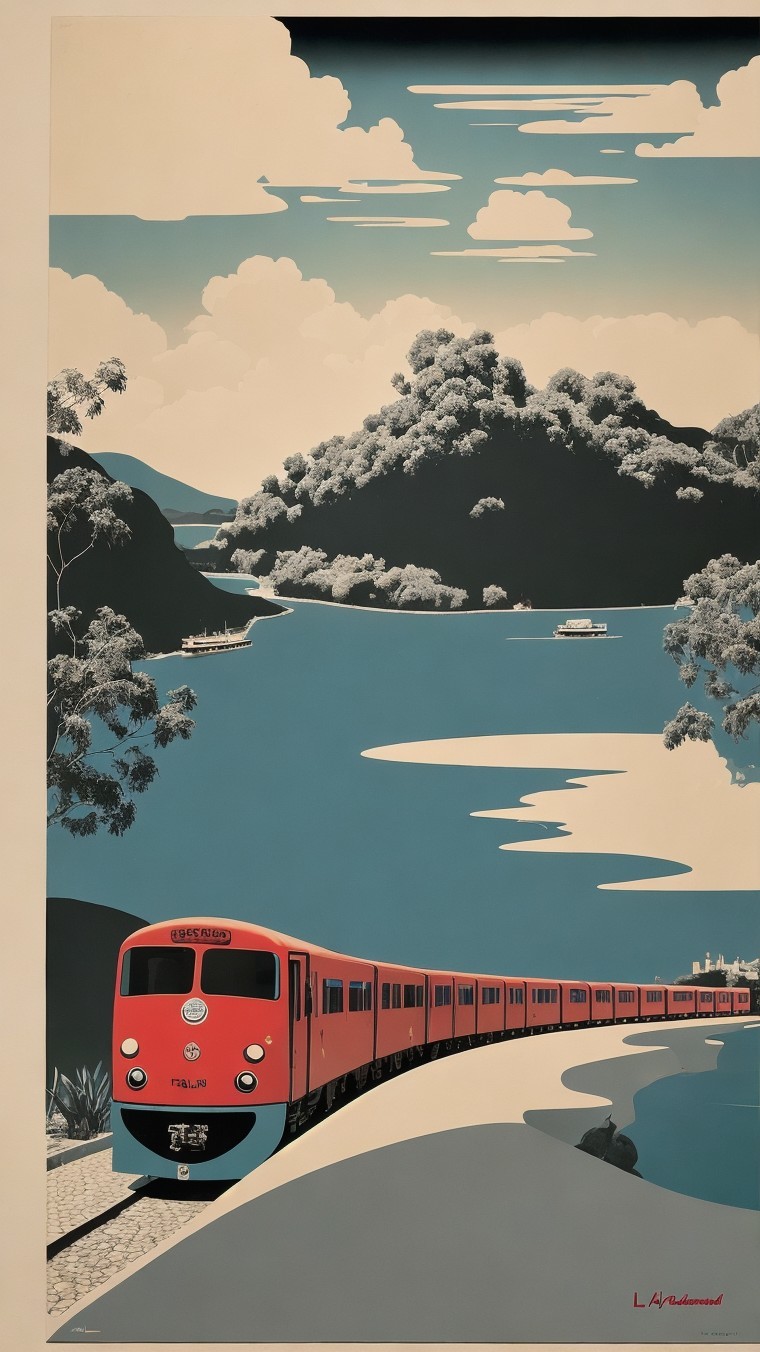Stylized Red Train on Scenic Route by Water and Hills
