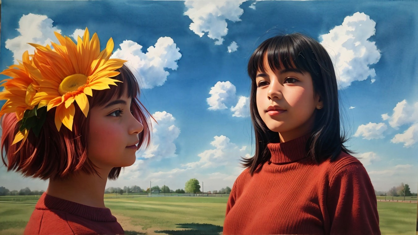 Girls with contrasting hairstyles in a vibrant sky