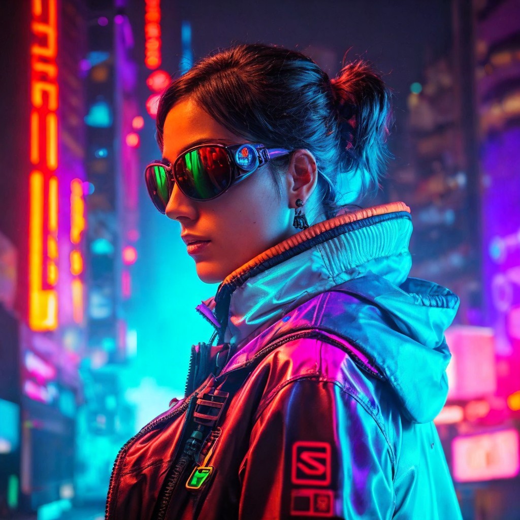 Young woman in reflective jacket against neon backdrop