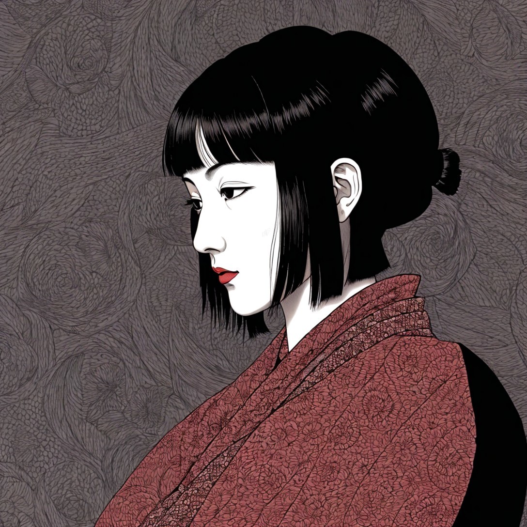 Profile of a Woman in a Rust-Colored Kimono