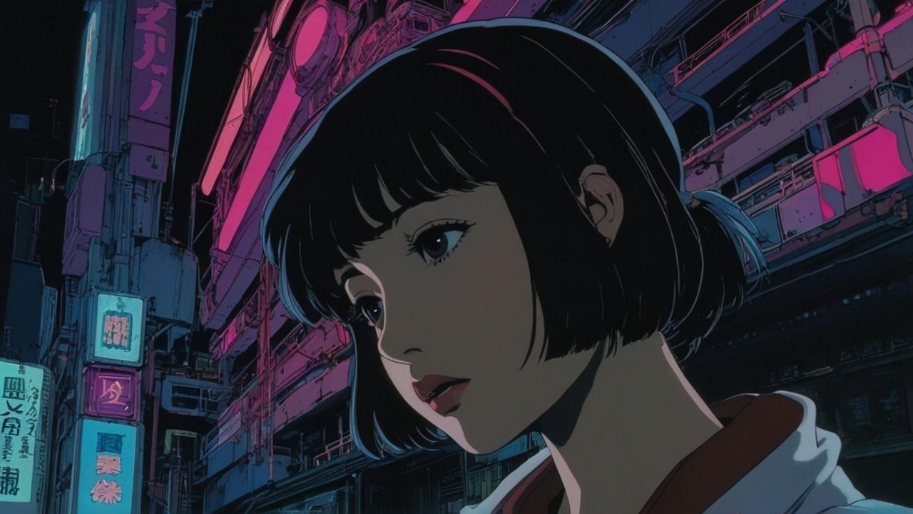 Anime Illustration of Woman in Cyberpunk City Night