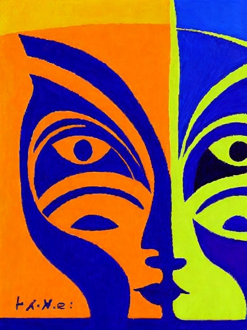 Pop Art Painting of Abstract Faces in Bright Colors