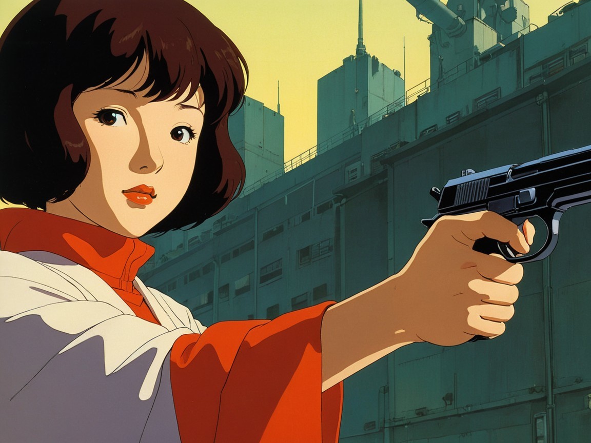 Young woman in traditional outfit with handgun in city