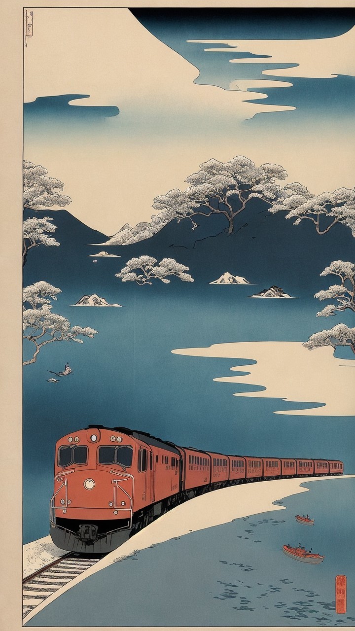 Traditional Illustration of a Train in Serene Landscape