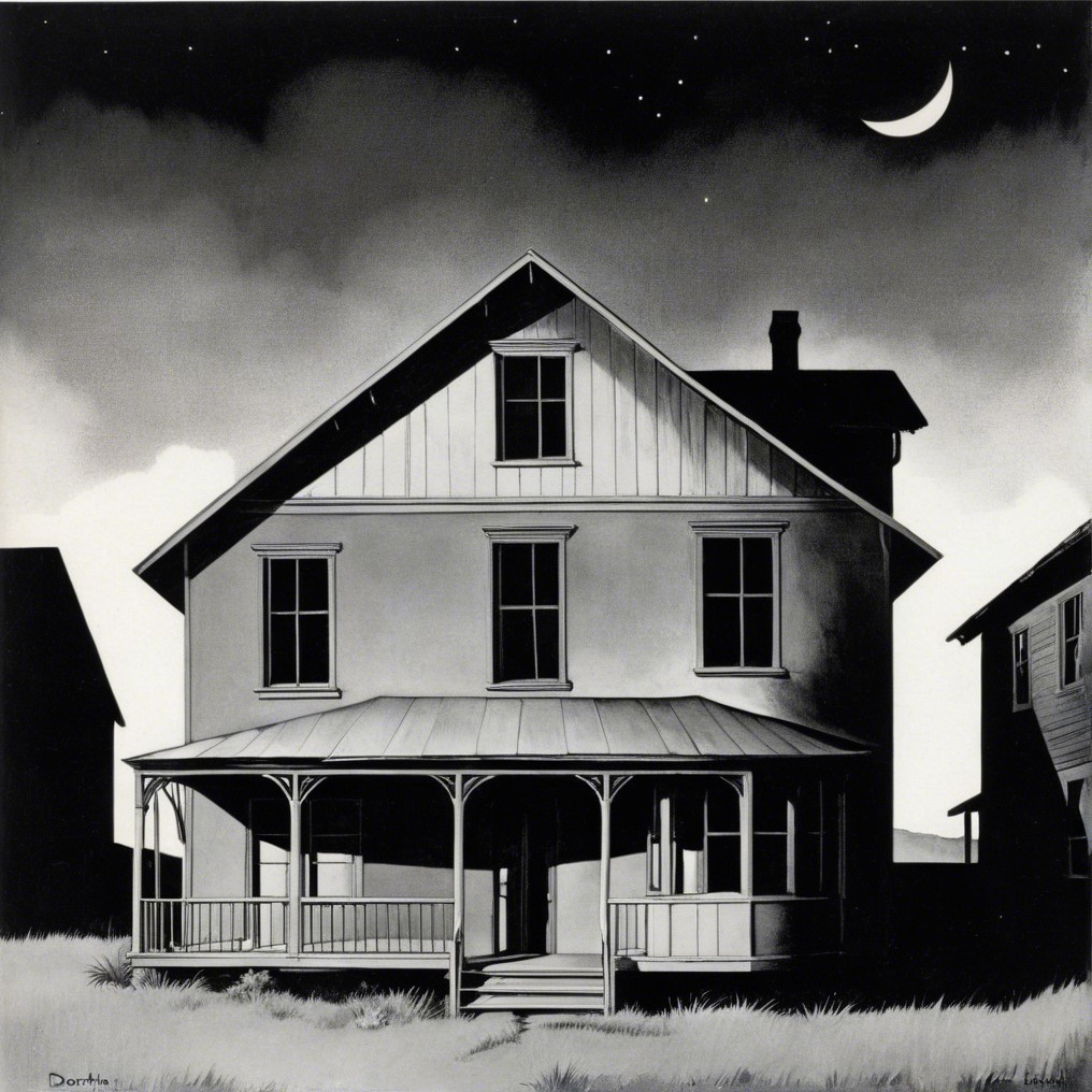 Monochromatic House with Porch Under Twilight Sky