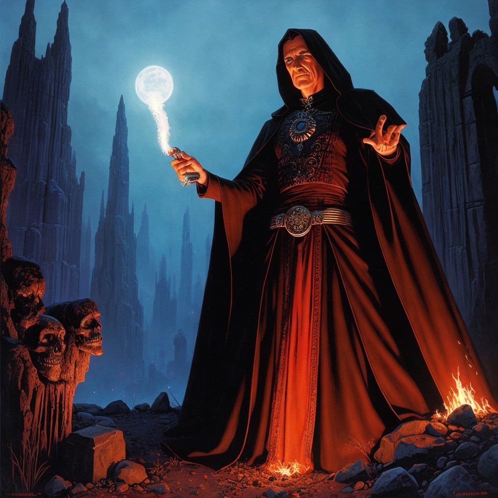 Cloaked Figure with Glowing Orb in Desolate Landscape