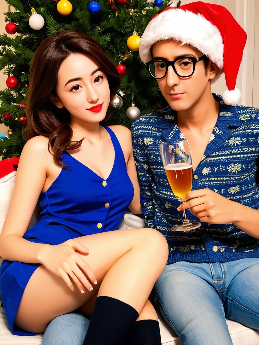 Young couple posing by a decorated Christmas tree