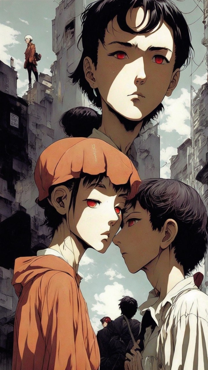 Dystopian Scene with Three Characters and Decaying Background