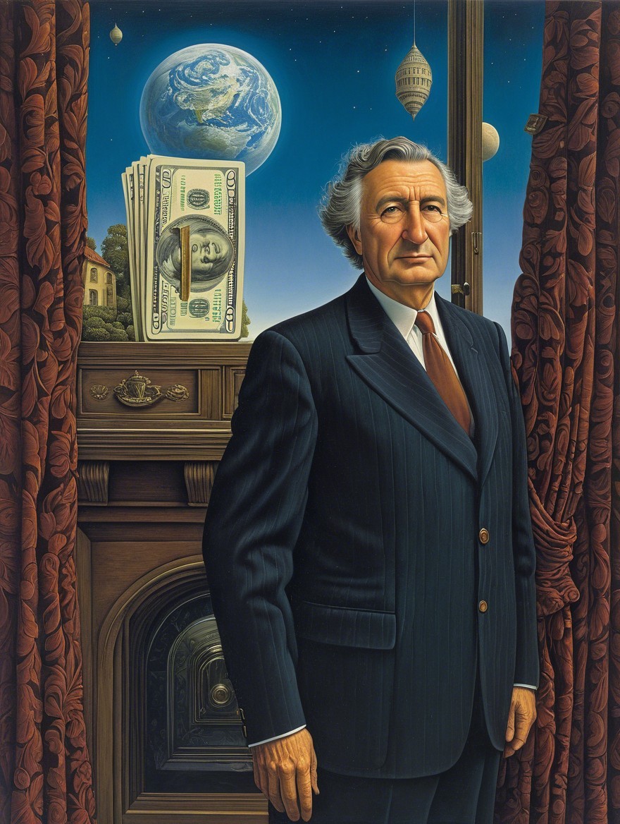 Dignified Man in Suit by Ornate Fireplace with Wealth