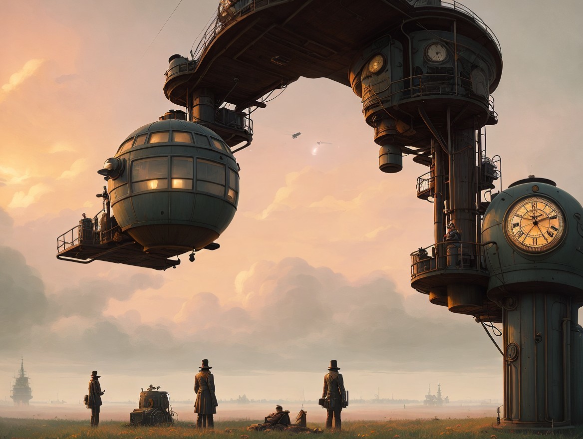 Surreal Steampunk Landscape with Mechanical Structure