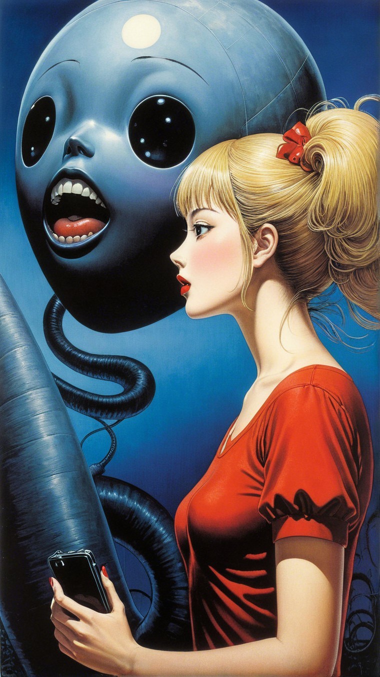 Surreal Encounter Between Young Woman and Blue Alien