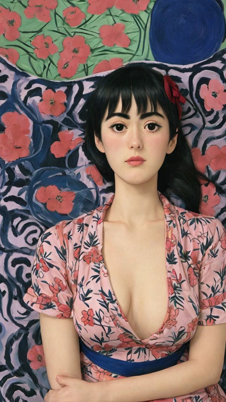 Young woman in pink dress with floral background