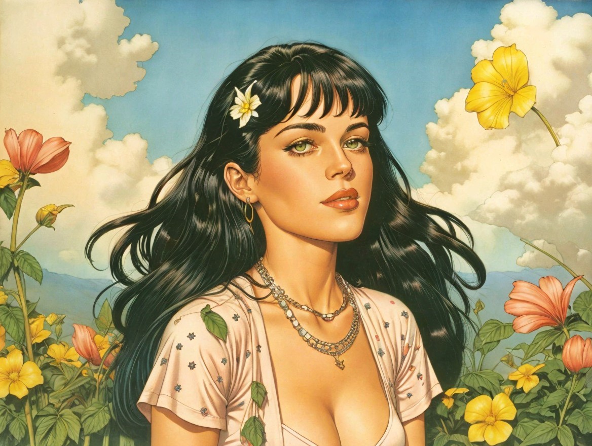 Young Woman in Floral Setting with Serene Sky