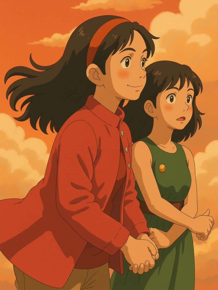 Animated girls in warm orange sky scene