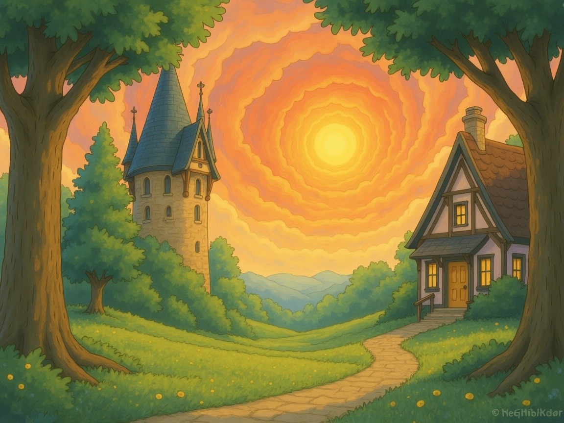 Whimsical Landscape with Cottage and Stone Tower