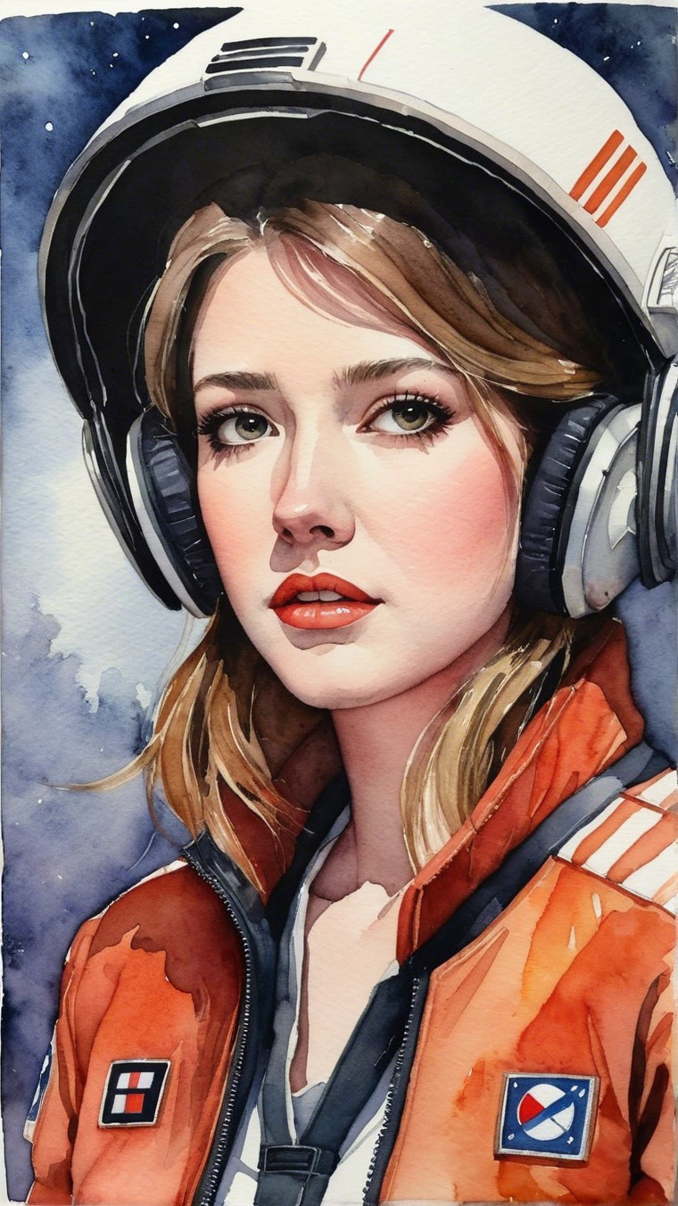 Watercolor Painting of Woman in Space Helmet and Suit