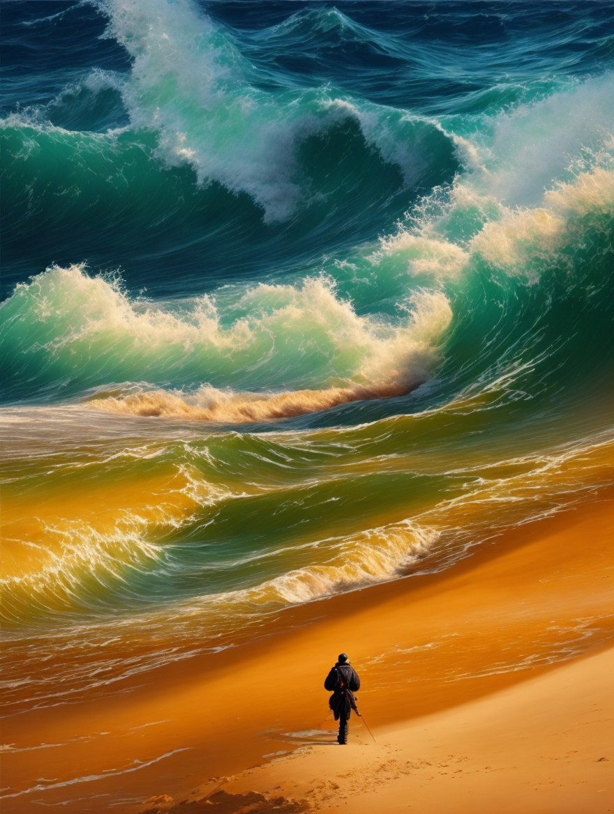 Solitary Figure on a Sandy Beach with Waves