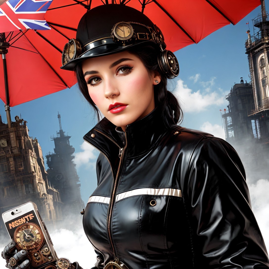 Young Woman in Steampunk City with Vintage Smartphone