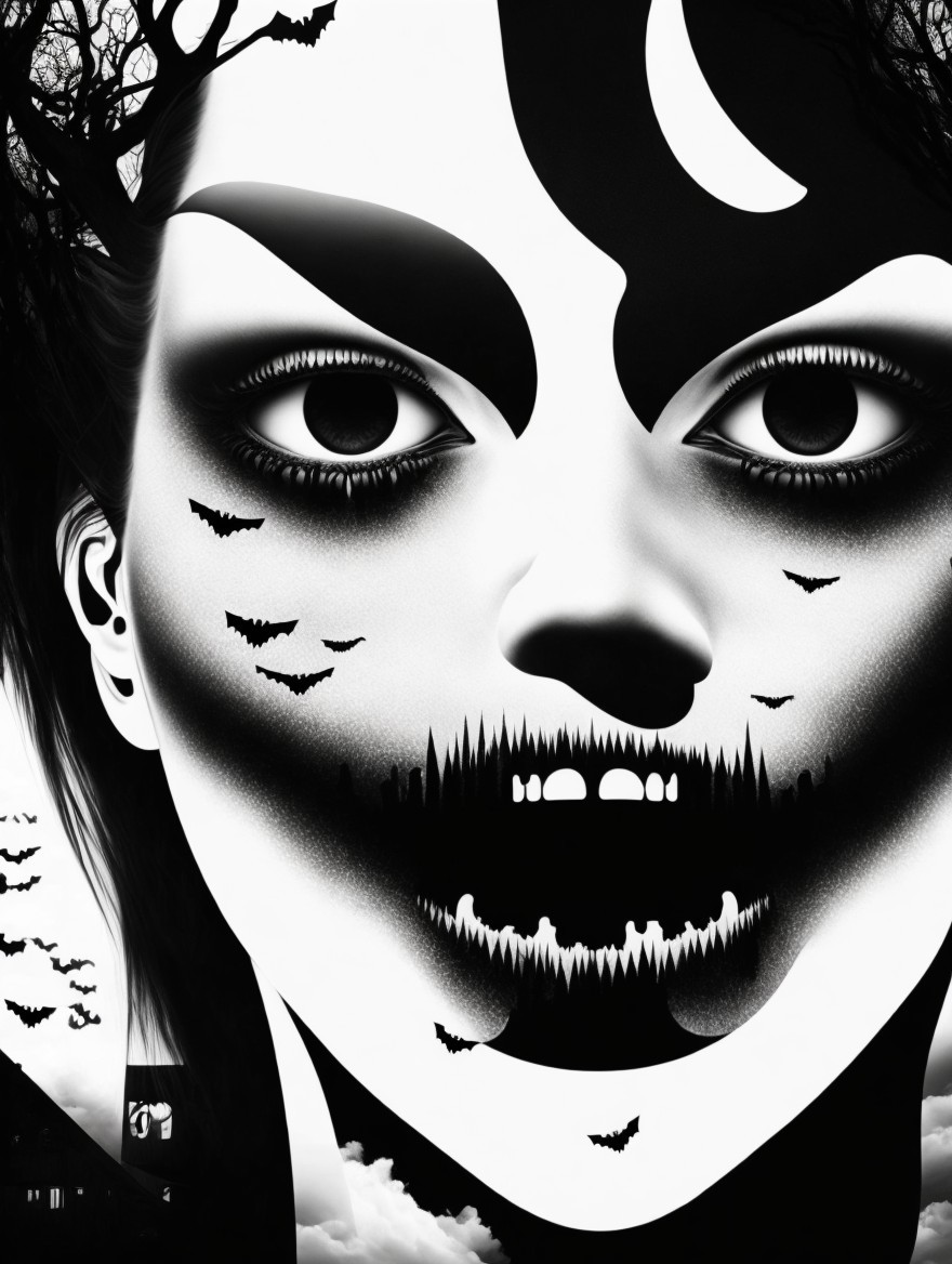 Monochromatic Portrait with Gothic Elements and Bats