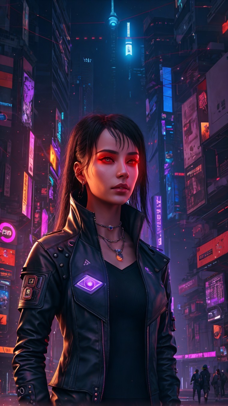 Young woman in cyberpunk city with neon lights