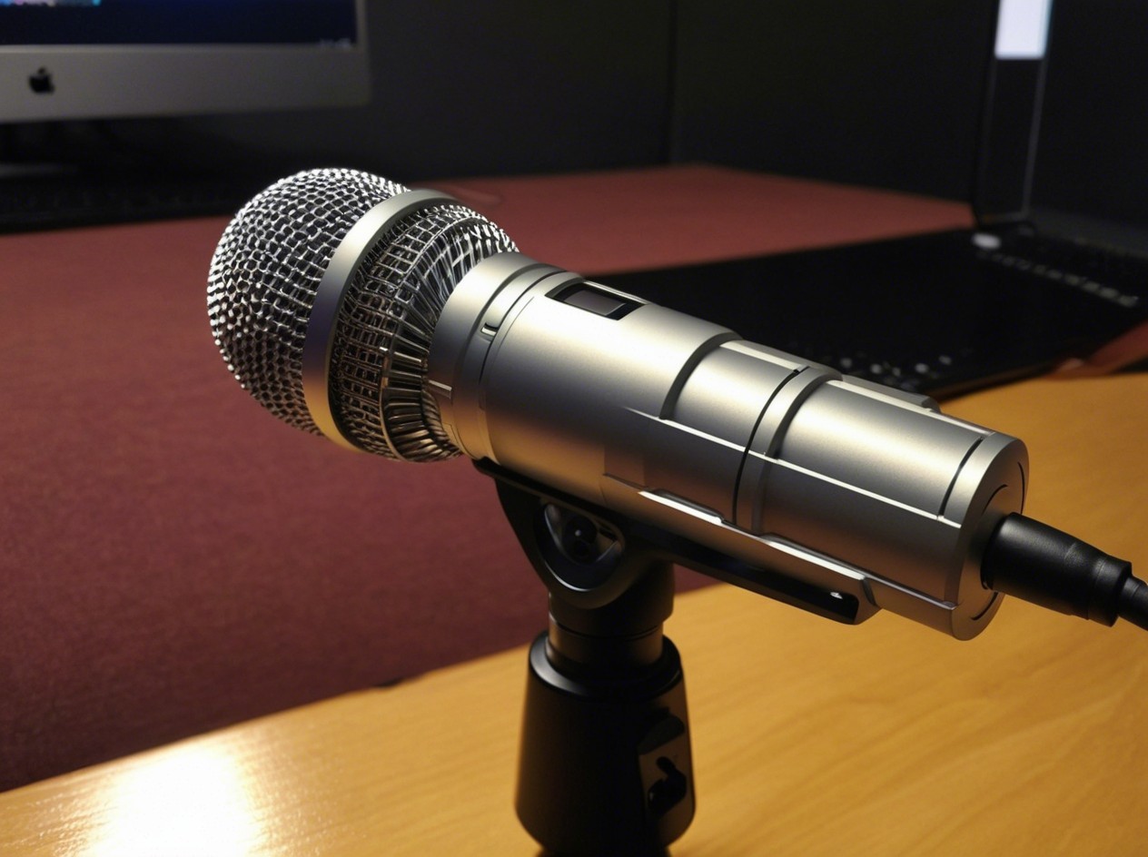 Silver Microphone and Laptop on Wooden Desk Setup