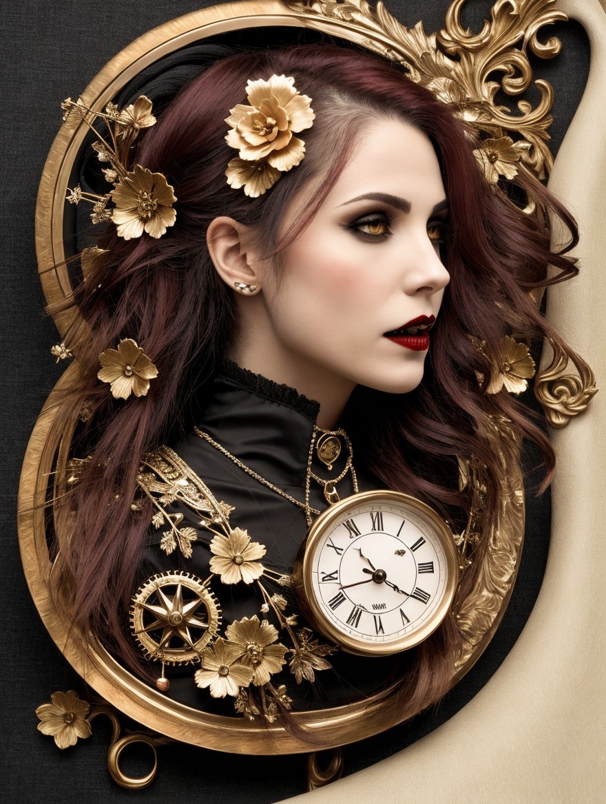 Woman in Steampunk Style with Floral and Gear Details