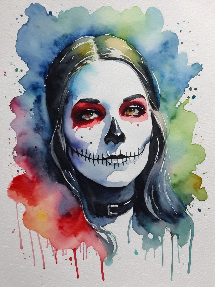 Watercolor Portrait of Woman with Sugar Skull Makeup