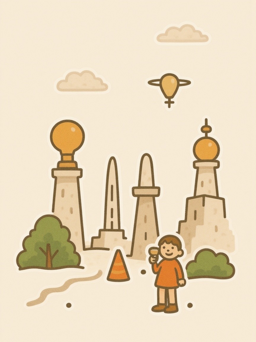 Child with Ice Cream Cone and Whimsical Monuments