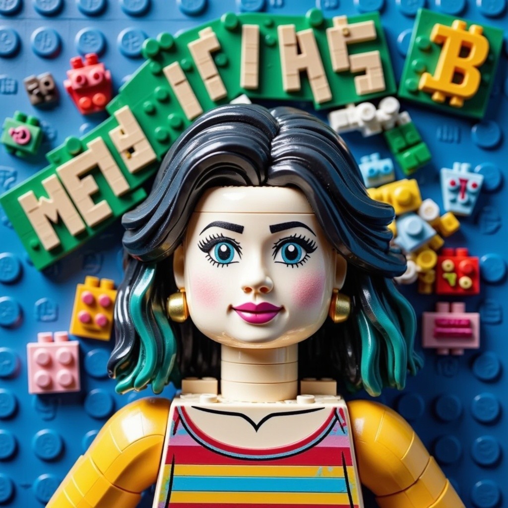 Close-up of a Lego minifigure with teal-streaked hair