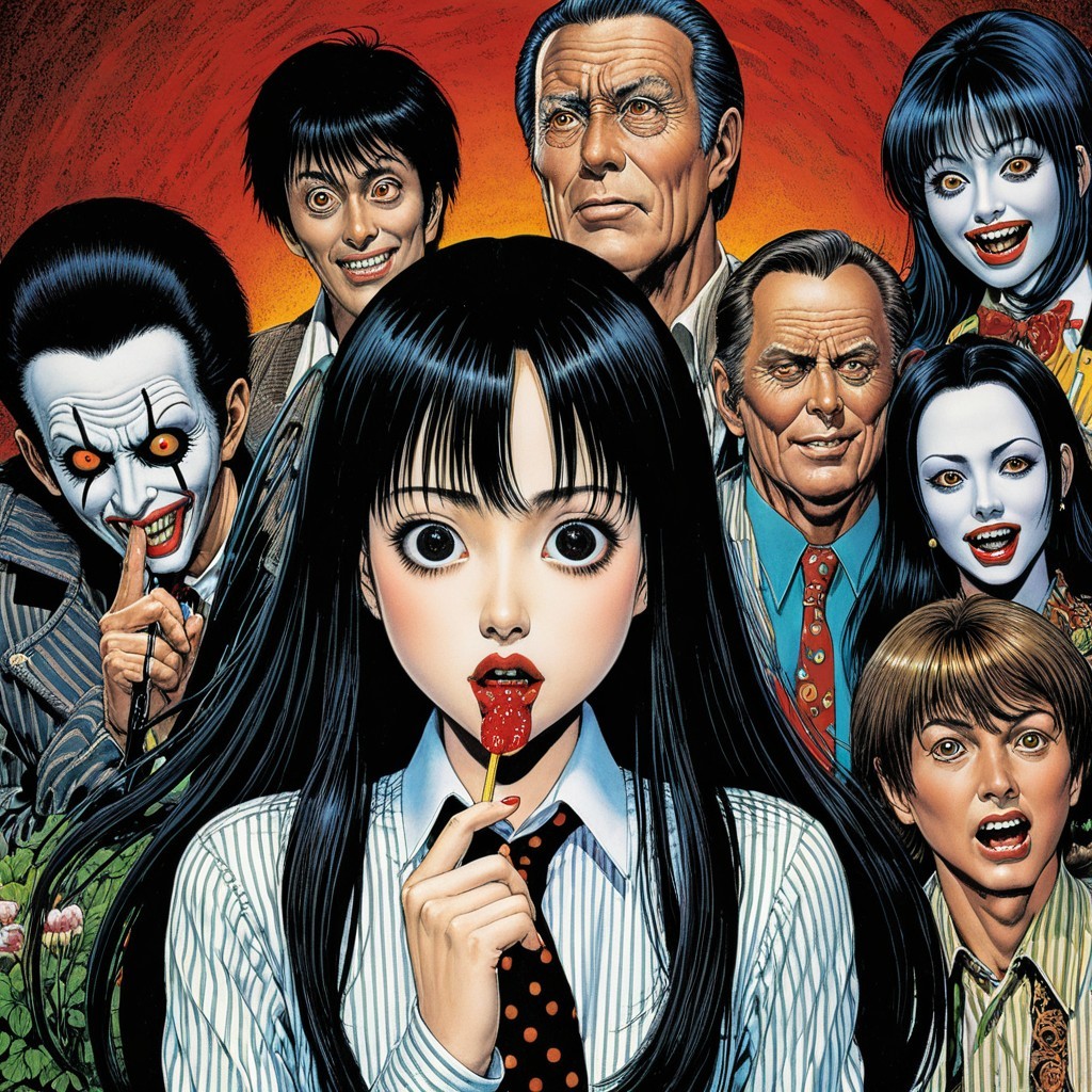 Stylized Portrait of Girl with Lollipop and Eerie Characters