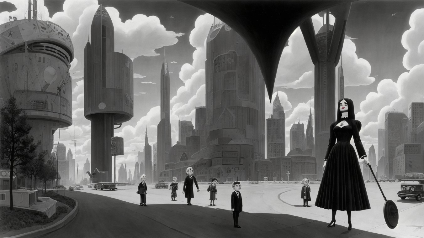 Futuristic Black-and-White Cityscape with Figures