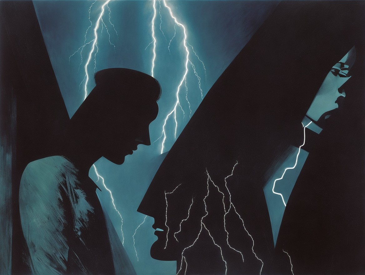 Bold Silhouettes Against Dramatic Blue and Black Backdrop
