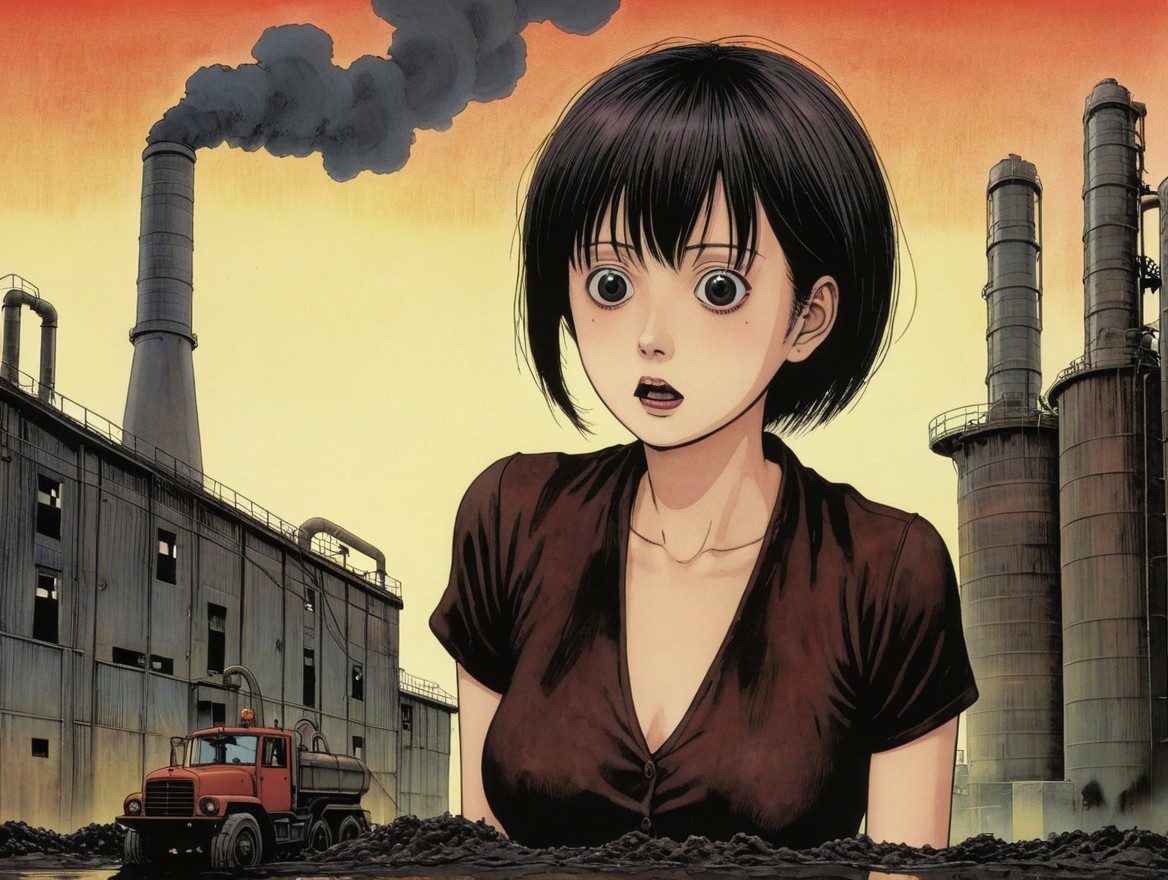 Young woman in industrial landscape with orange gradient