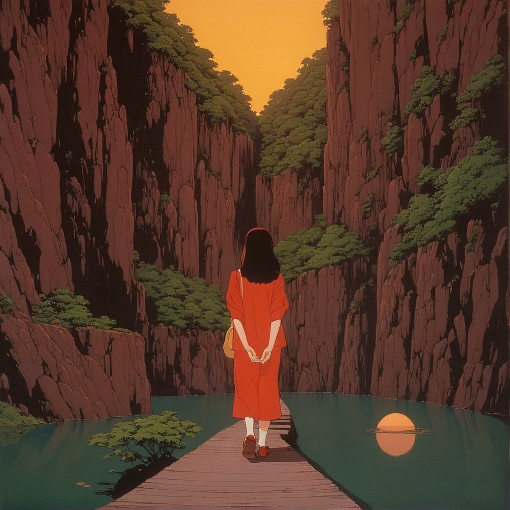 Young girl in red dress by tranquil water and cliffs