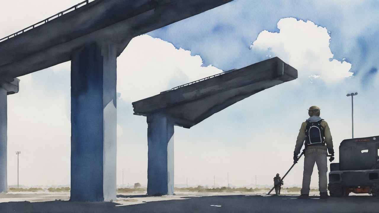 Watercolor Scene of Figures by Abandoned Highway