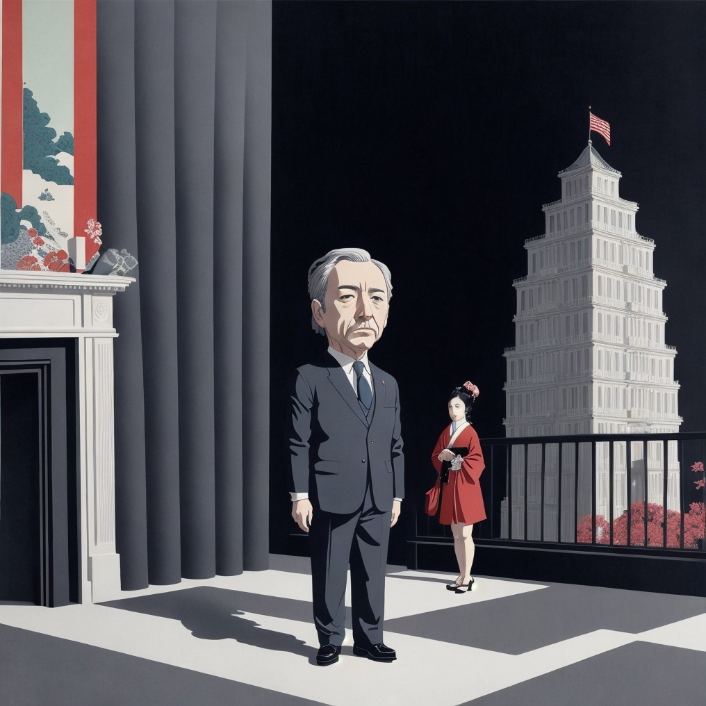 Stylized urban scene with figures in contrasting attire