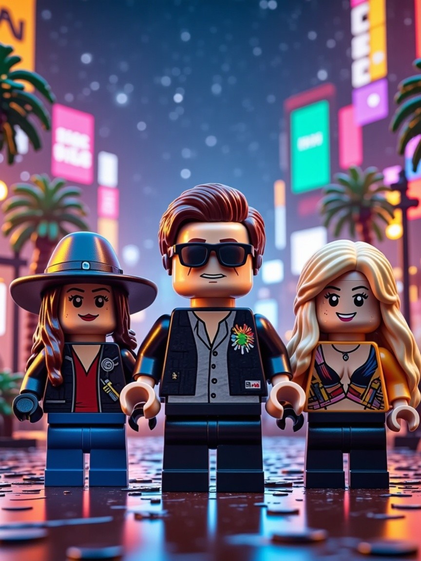 Lego Figures in Neon Cityscape with Rainy Street
