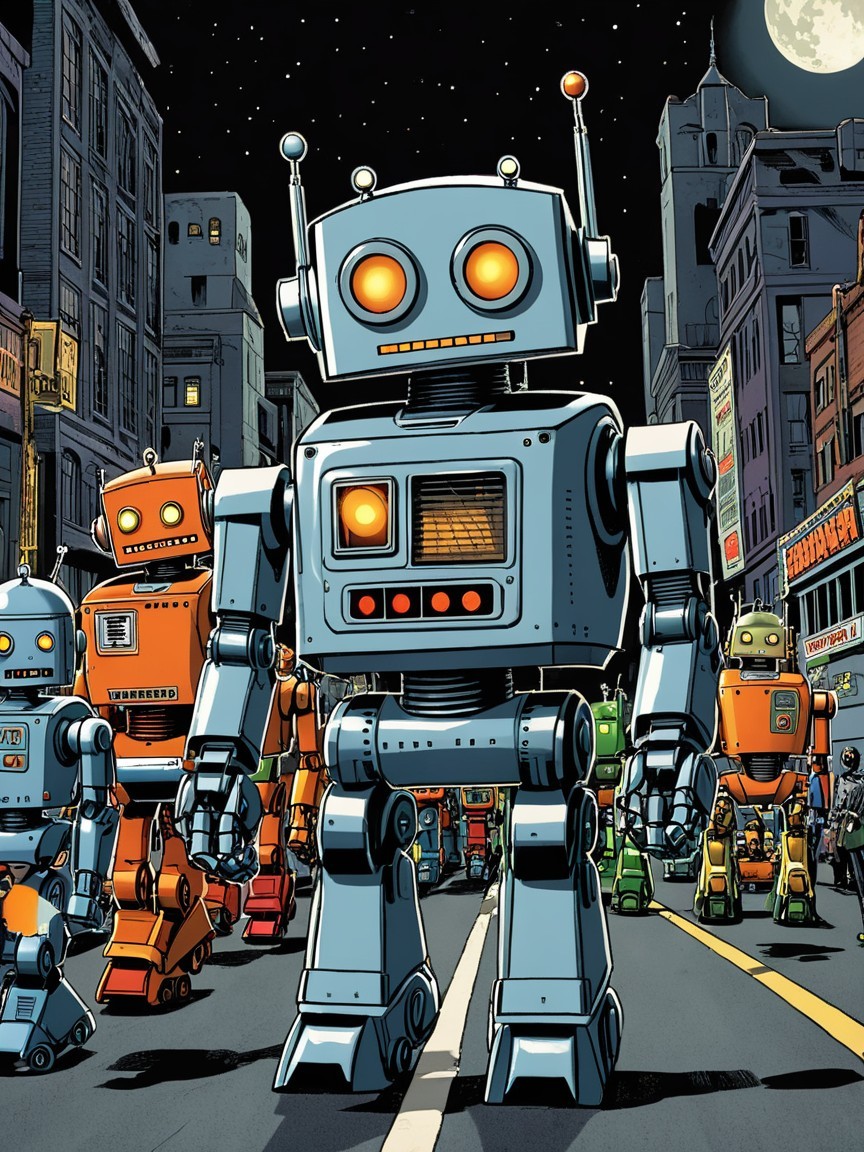 Colorful Robots Marching in a Nighttime City Scene