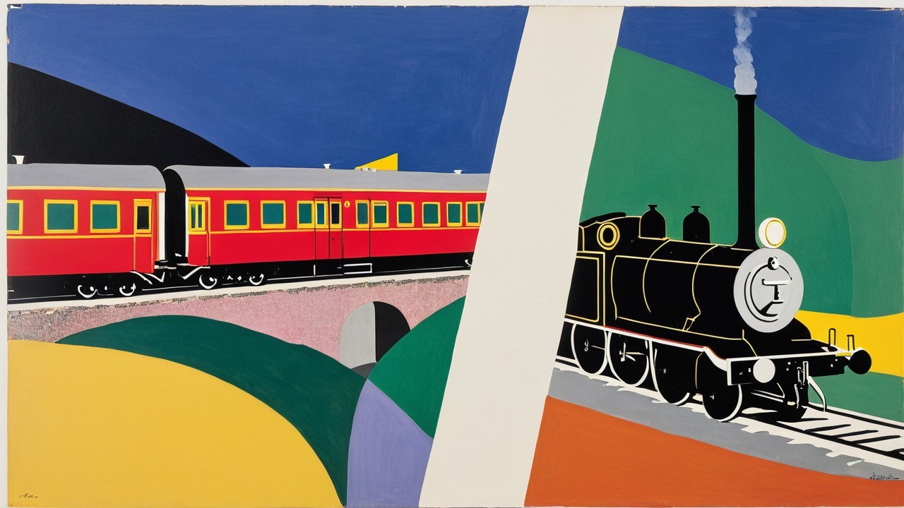Vibrant Train Scene with Modern and Nostalgic Elements