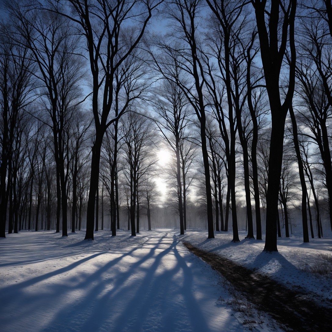 Winter Landscape with Silhouetted Trees and Sunlight
