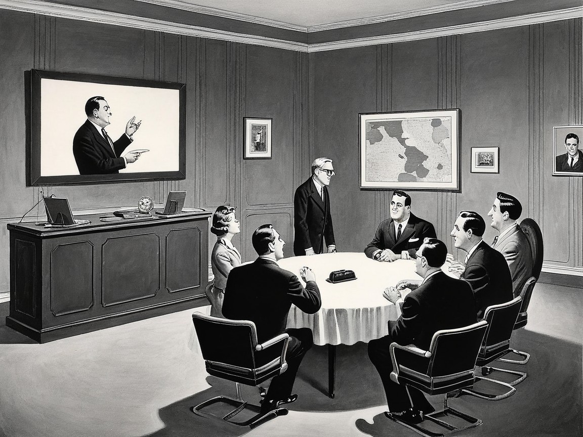 Black-and-white illustration of a formal meeting room
