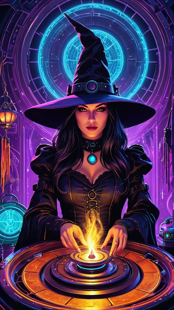 Mystical witch in magical circle with vibrant background