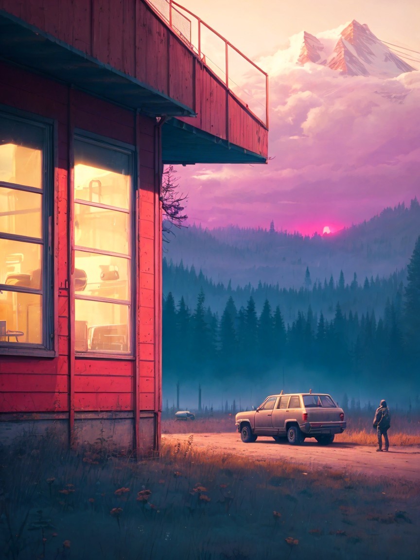 Twilight Scene with Figure and Rustic Building